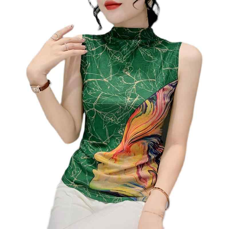 ハイネック ノースリーブ レディース 夏 トップス 大きいサイズ プリント Tシャツ シンプル カジュアル..