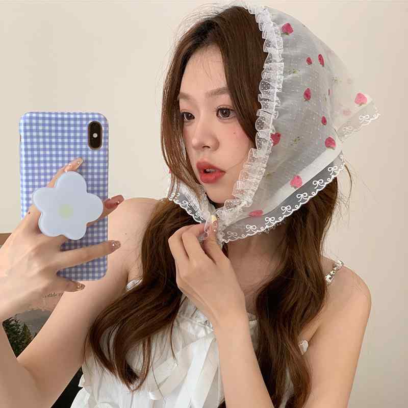 スカーフ レース 三角 頭巾 ヘアバンド レディース 春夏 韓国 かわいい ガーリー パッチワーク カントリー イチゴ さくらんぼ 赤
