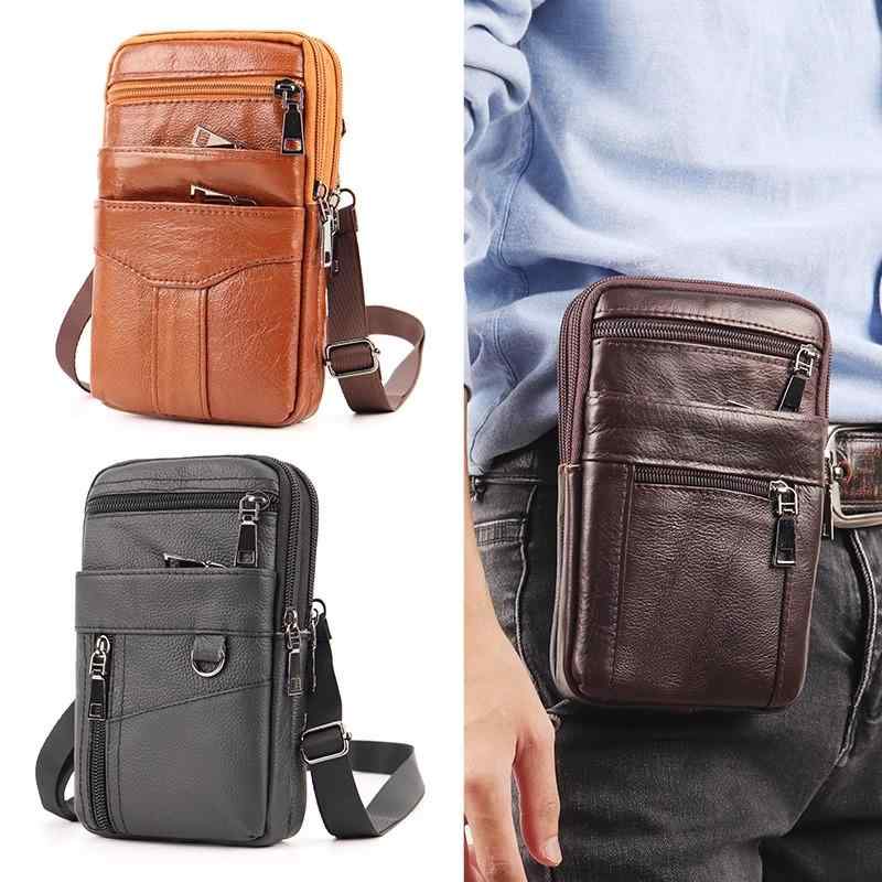 ベルトポーチ メンズ 男性用 韓国 革 レザー スマホ 携帯 カギ 小物 入れ ウエスト ショルダー バッグ 縦型 多機能 ジップアップ ブラック ブラウン