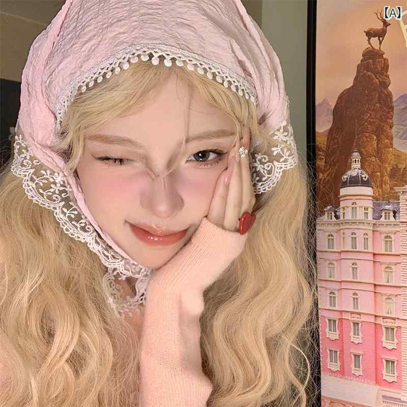 スカーフ レース 三角 頭巾 ヘアバンド 日よけ レディース レトロ 春夏 韓国 かわいい ガーリー カントリー 刺繍 花柄 ピンク 白 黄