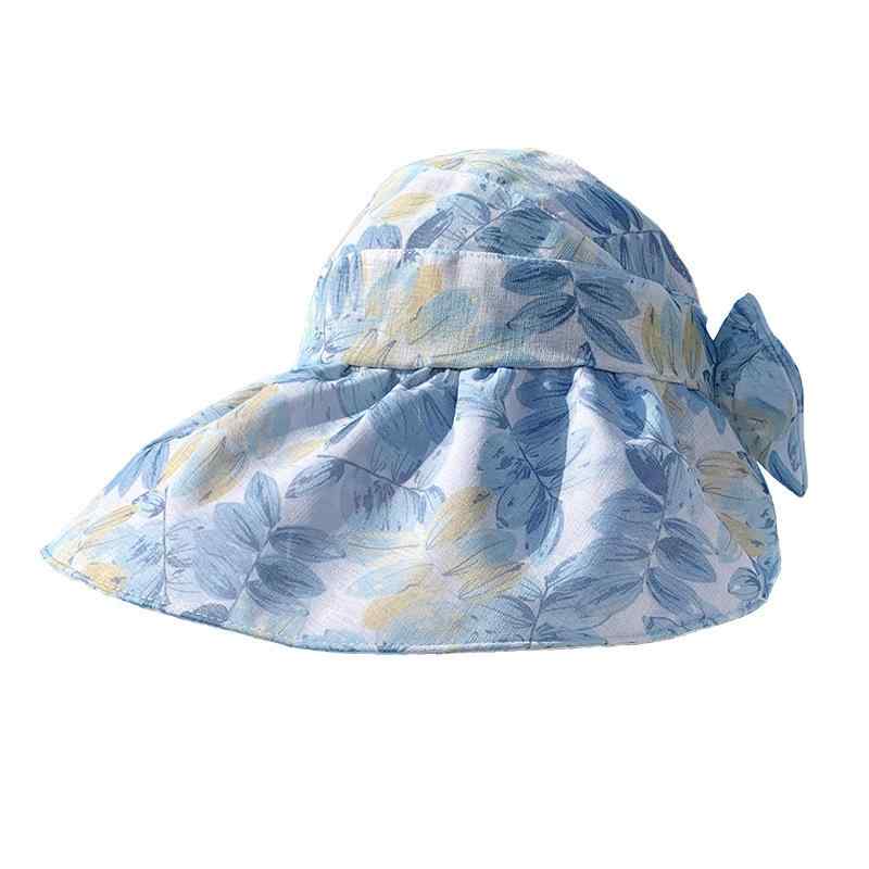 サンバイザー レディース おしゃれ 夏 日焼け防止 つば広 日よけ サンハット 紐付き リーフ柄 旅行 海辺 屋外 フリーサイズ 通気性 緑 青 ピンク