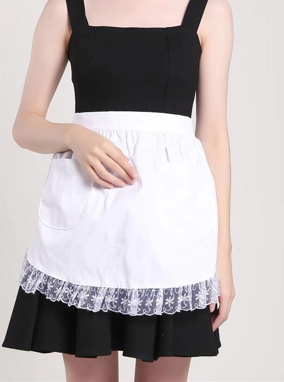 エプロン 腰巻タイプ 韓国 かわいい ハーフ 女性用 ショート コットン 白 メイド ウェイター レース 無地 ホワイト ピンク ブラック