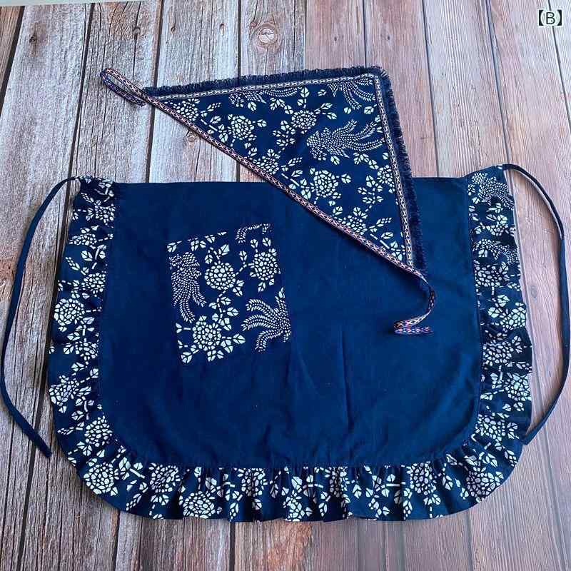 エプロン 腰巻タイプ かわいい 前掛け 料理 クッキング フリーサイズ エスニック 防水 コットン 通気性 ハーフ 丈 フリル ポケット レッド