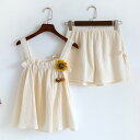 ガーゼ パジャマ レディース 夏 涼しい 快適 ひまわり 薄手 二重 ルームウェア 部屋着 セット キャミソール ショートパンツ ウエストゴム かわいい スクエアネック ベージュ 緑 紫