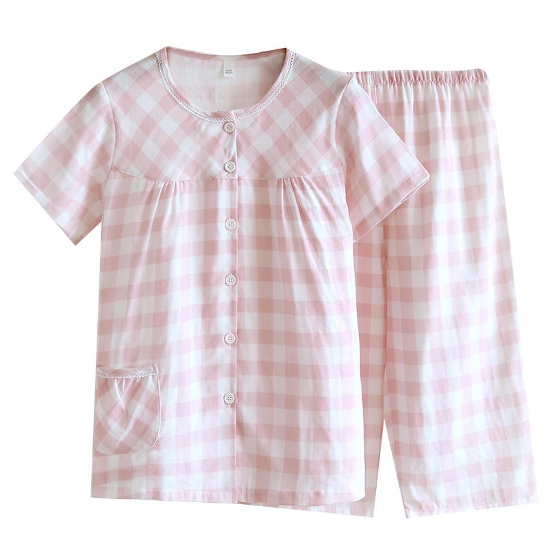 ガーゼ パジャマ レディース 夏 涼しい 快適 レトロ チェック 半袖 薄手 綿 二層 ラウンドネック ピン..