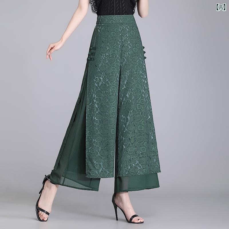 ワイドパンツ レディース レース ステッチ 春夏 薄手 カジュアル おしゃれ ゆったり ハイウエスト 快適 ジャカード 柔らかい 緑 ドレープ 伸縮性 通気性 黒のサムネイル
