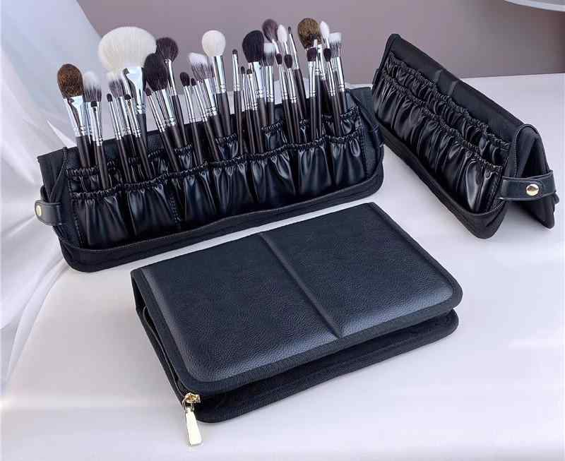 メイクブラシケース ポーチ 折りたたみ レザー オックスフォード 布 メイクアップアーティスト プロ 黒 ファスナー大容量 収納 便利 シンプル 無地 PU