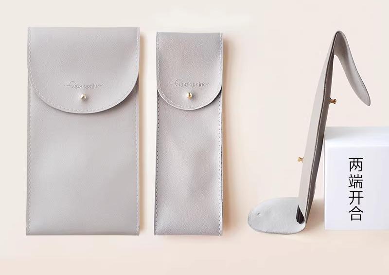 メイクブラシケース ポーチ レザー 両開き 収納袋 ダブル 持ち運び 携帯 便利 長方形 シンプル 無地 PU..