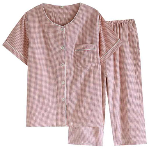 ガーゼ パジャマ ノーカラー 綿 夏 男女 夫婦 カップル 前開き チェック柄 半袖 七分丈パンツ 薄手 柔らかい ウエストゴム ルームウェア ピンク 黄色 グレー ガーゼ パジャマ ノーカラー 綿 夏 男女 夫婦 カップル 前開き チェック柄 半袖 七分丈パンツ 薄手 柔らかい ウエストゴム ルームウェア ピンク 黄色 グレー