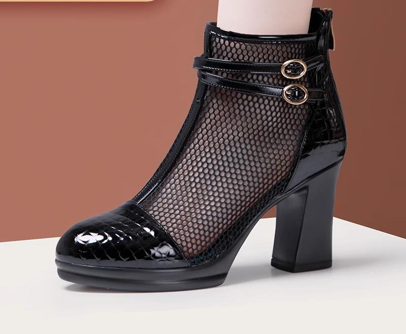 メッシュ ブーツ 夏 レディース シアー 透け感 シースルー 涼しい おしゃれ ハイヒール 通気性 蒸れにくい チャンキー お出かけ 普段使い 安定 黒 白 ラウンドトゥ