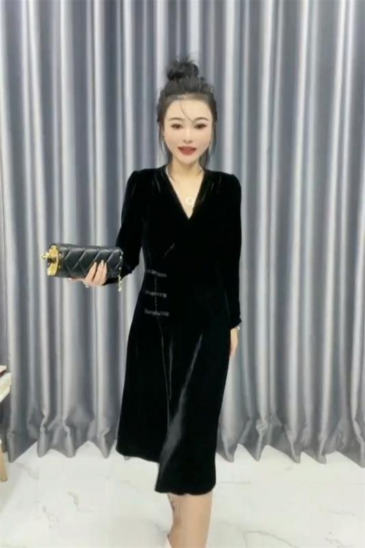 ワンピース レディース おしゃれ 秋 長袖 Vネック スリム ベルベット チャイナ風 チャイナボタン レトロ 着やせ