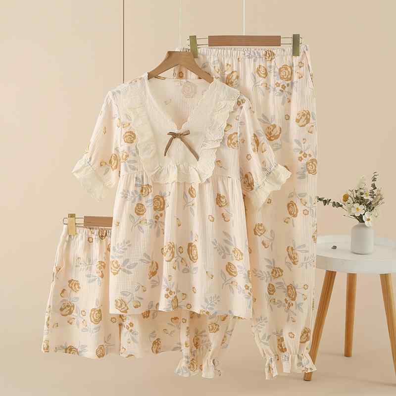 ガーゼ パジャマ レディース 夏 綿 半袖 プルオーバー Vネック トップス 長ズボン ショートパンツ 3点セット ポケット ウエストゴム リボン レース フリル 薄手 通気 かわいい 花柄 ローズ