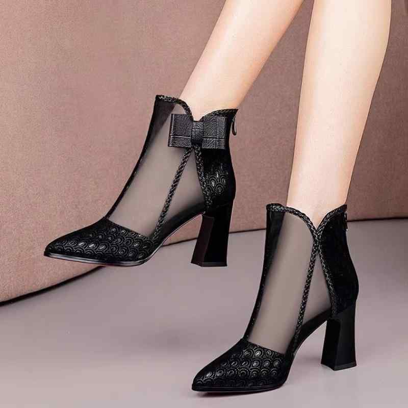 メッシュ ブーツ 夏 レディース シアー 透け感 シースルー 涼しい おしゃれ ハイヒール 通気性 蒸れにくい ショート サンダル セクシー チャンキー 黒 安定 リボン ポインテッドトゥ