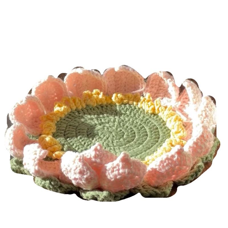 コースター かわいい かぎ針編み 手作り ハンドメイド 蓮 花 葉 レトロ ウール 厚手 立体 丸 黄 ピンク 緑 果物 ネコ くま ブタ