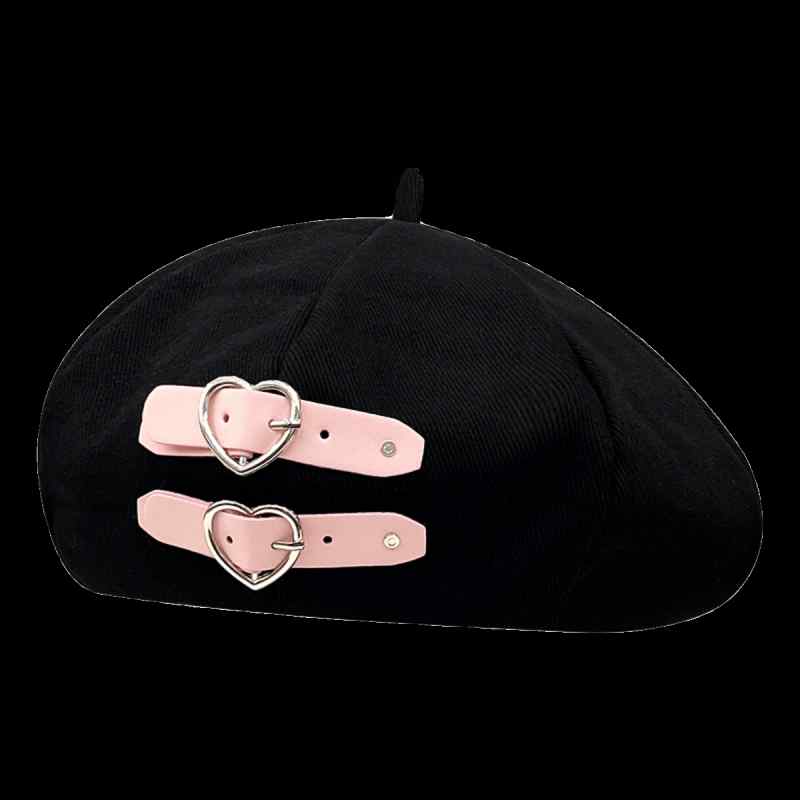 ベレー帽 レディース 春夏 おしゃれ バックル ベルト ハート 星 お出かけ ショッピング 小顔 黒 画家 ..