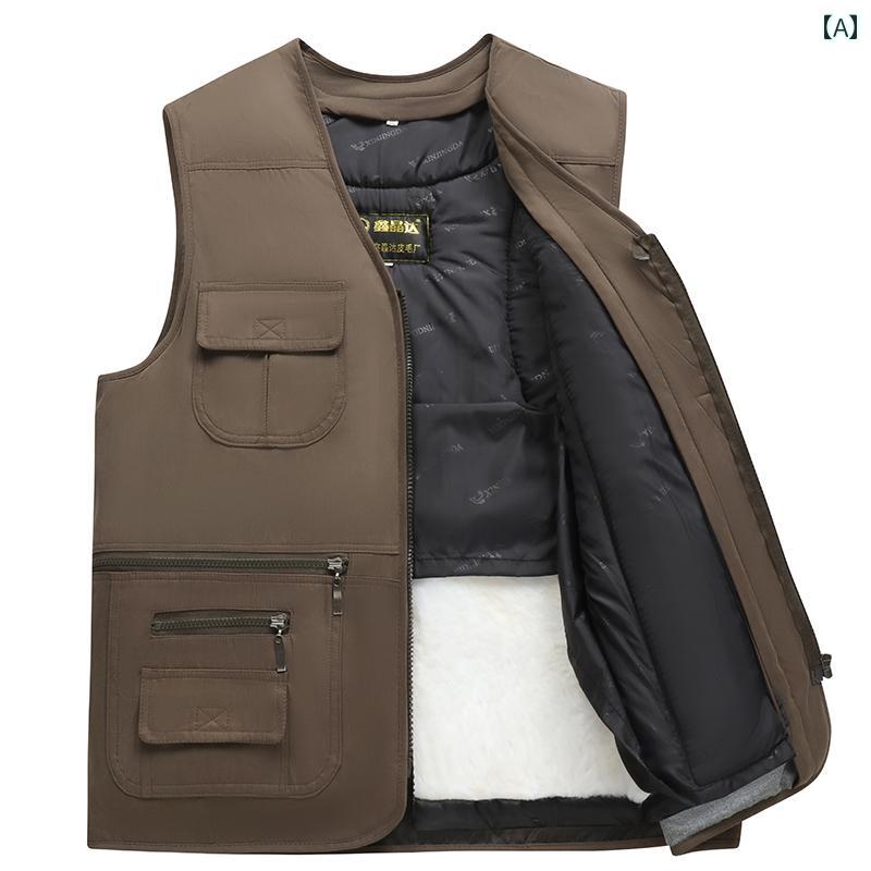 ベスト メンズ 中高年 ウール ムートン ウール ジレ 厚手 暖かい 防寒 裏起毛 カジュアル スタンドカラー ジップアップ 普段使い アウトドア 保温性 快適 素材 カーキ 黒 秋冬(4.0)