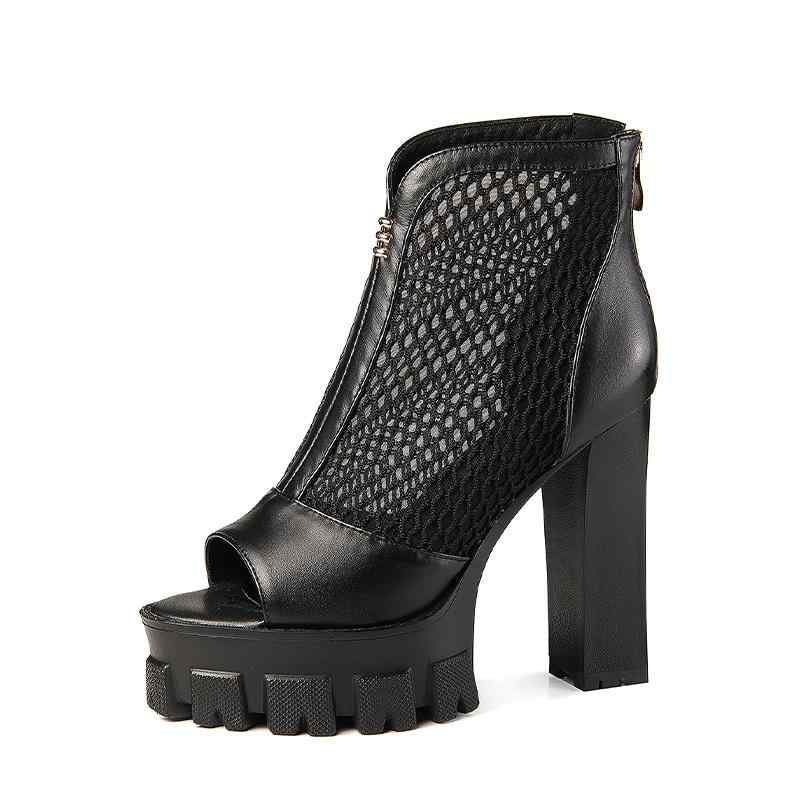 レディース ブーツ シアー メッシュ 春夏 ショート オープントゥ サンダル メッシュ 通気性 薄手 ジップアップ 防滑 防水 太ヒール ハイヒール シンプル カジュアル スタイリッシュ 黒 白