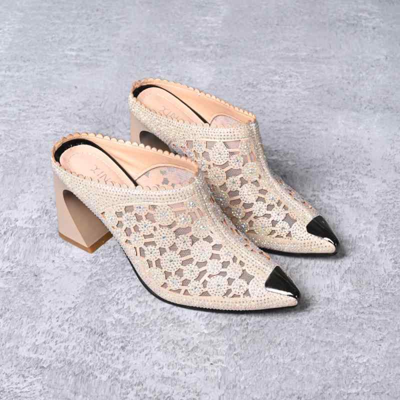 レディース サンダル チャンキー ミュール ハイヒール シアー メッシュ 透け感 メッシュ 通気性 キラキ..