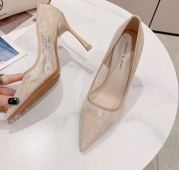 レディース パンプス シアー メッシュ 春夏 メッシュ レース ポインテッドトゥ 通気性 ピンヒール 結婚式 パーティー 二次会 オフィス スタイリッシュ カジュアル エレガント 黒 アプリコット 花柄