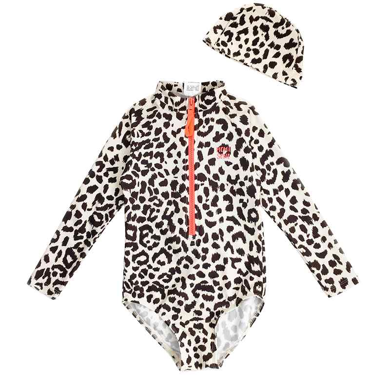 楽天フロントップ楽天市場店女の子 水着 長袖 子供 レディース スイミングウェア 海 プール 温泉 日焼け防止 夏 かわいい 親子 ワンピース ヒョウ柄 速乾 母娘 ペアルック ジッパー セット キャップ ベージュ