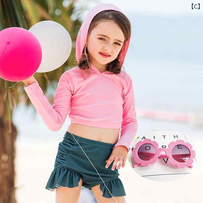 女の子 水着 長袖 子供 スイミングウェア 海 プール 温泉 日焼け防止 夏 かわいい 速乾 ベビー 快適 伸縮性 弾力性 パンツ セットアップ セパレート フード 水玉 カニ 花 フリル フラミンゴ ピンク オレンジ