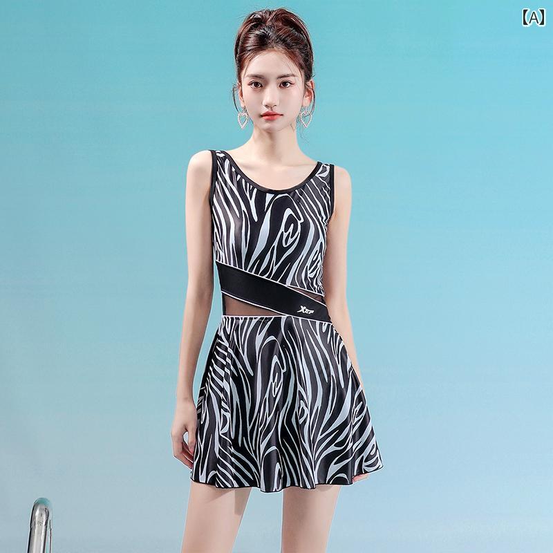 水着 レディース 体型カバー ワンピース スカート 韓国 プール 海 大きいサイズ PU 総柄 ゴーグル 防水ケース 水泳帽 おしゃれ 黒 白