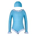 女の子 水着 長袖 子供 レディース スイミングウェア 海 プール 温泉 日焼け防止 夏 かわいい シンプル 無地 ワンピース 胸パッド 伸縮性 色褪せしにくい 吸湿 肌に優しい フリル キャップ セット 青(4)