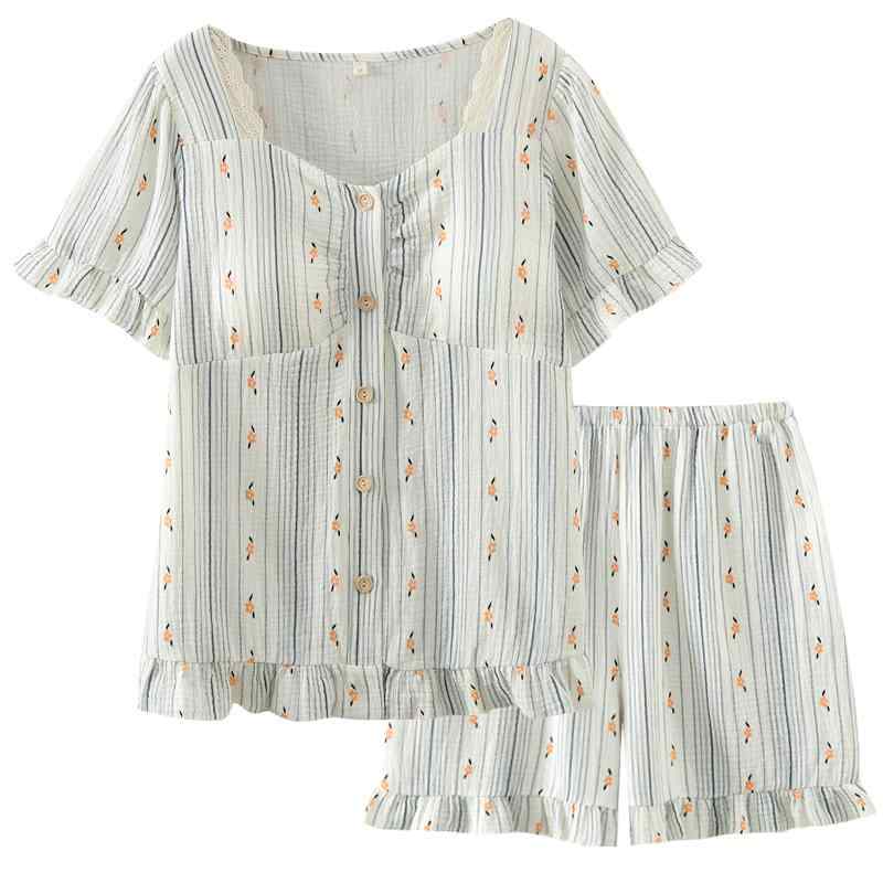 パジャマ ガーゼ レディース レース パッド付 取り外し可能 女性 夏 綿 スクエアネック 薄手 半袖 ホームウエア 上下セット 通気性 吸汗 ウエストゴム プリント さくらんぼ 花柄 白