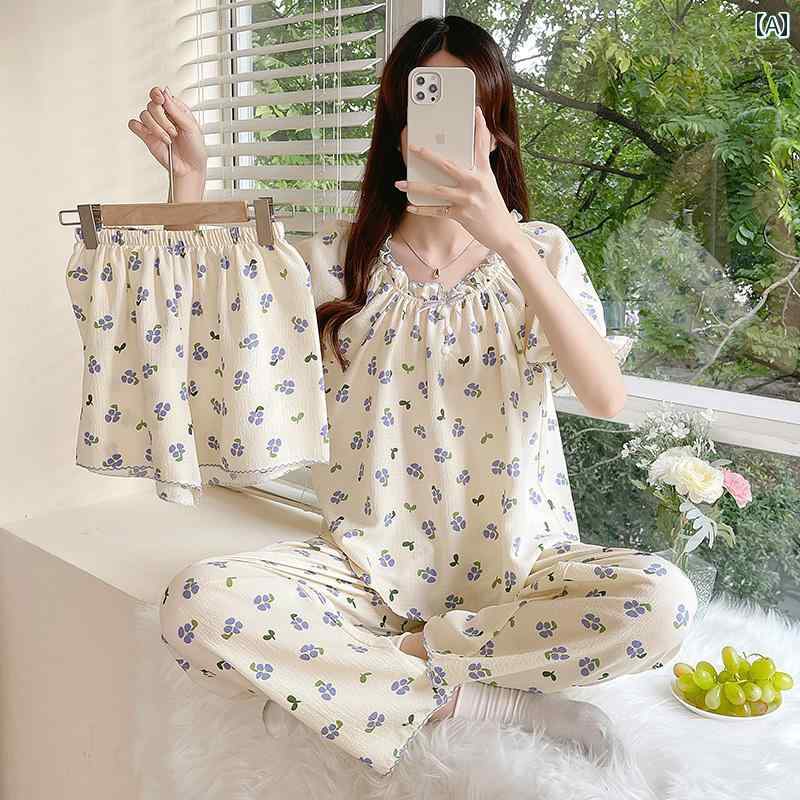 パジャマ ガーゼ レディース コットン 夏 半袖 薄手 ルームウエア 三点セット トップス ショートパンツ ズボン プルオーバー ウエストゴム フリル リボン かわいい プリント ハート イチゴ さくらんぼ 白