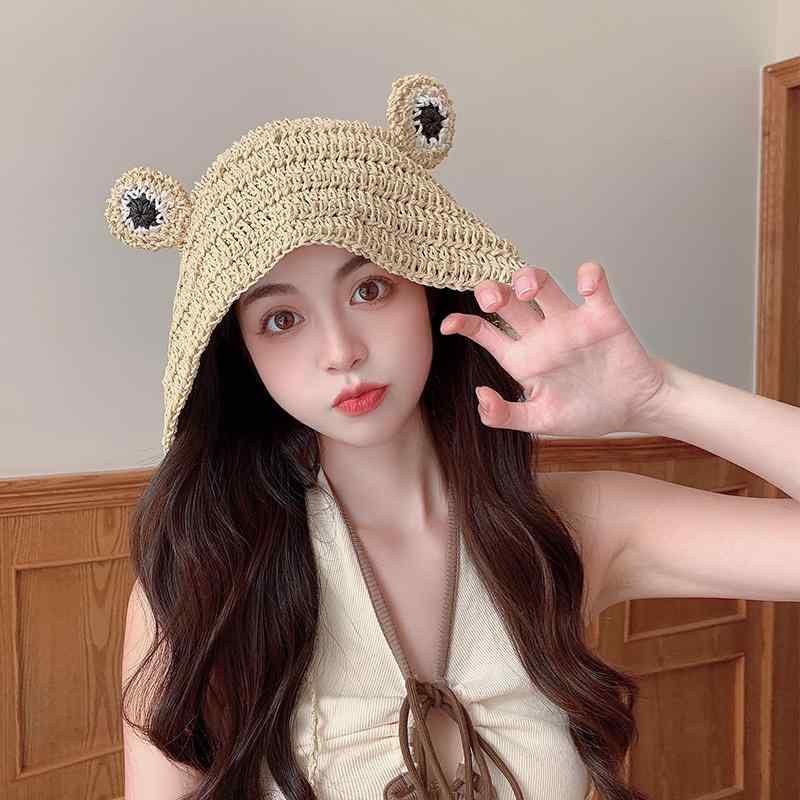 帽子 レディース 麦わら 夏 涼しい 日焼け防止 日よけ かわいい ストローハット バケハ 海 カエル 薄手 通気性 目玉 ひも付き 個性的 茶色 アイボリー 緑