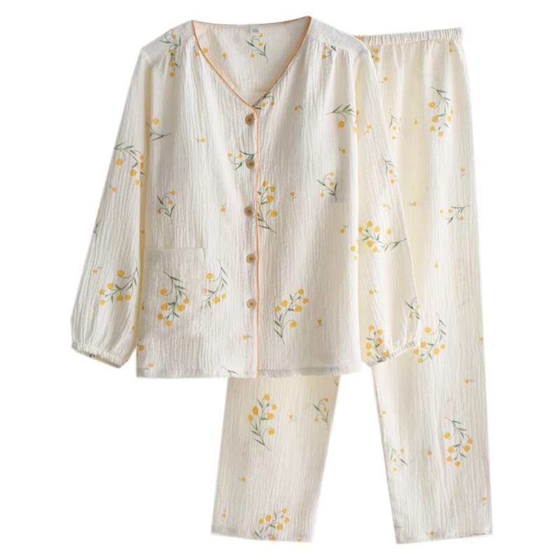パジャマ ガーゼ レディース パッド付き 取り外し可能 Vネック 女性用 春秋 夏 綿 薄手 長袖 ホームウェア 上下セット トップス 前開き ボタン ボトムス ウエストゴム 通気性 吸汗 ポケット プリント 花柄 白