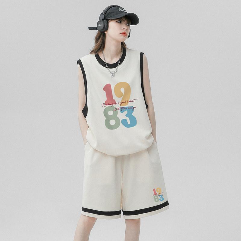 バスケ タンクトップ レディース ビッグシルエット 夏 アメリカン ユニフォーム ノースリーブ スポーティ ラウンドネック セットアップ ベージュ 黒 大きいサイズ