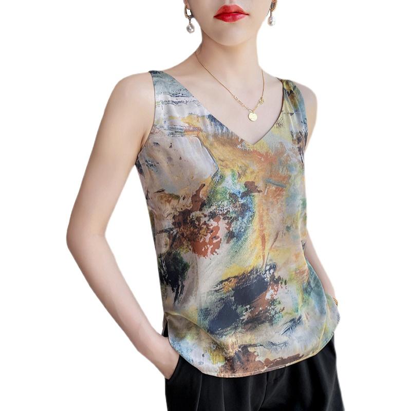 ノースリーブ きれいめ レディース 柄 大人 油絵風 カラフル プリント Vネック キャミソール 夏 スーツ..