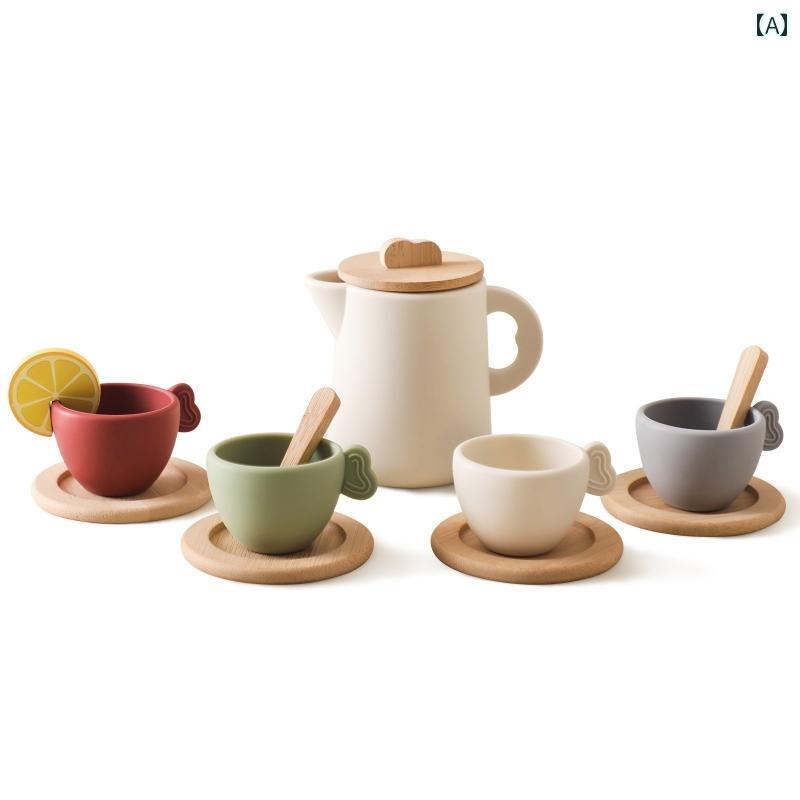 ままごとセット キッチン 北欧 子供用 おもちゃ 玩具 遊び クッキング ティータイム 調理器具 食器 シリコン 木製 幼稚園 ピンク グリーン 2