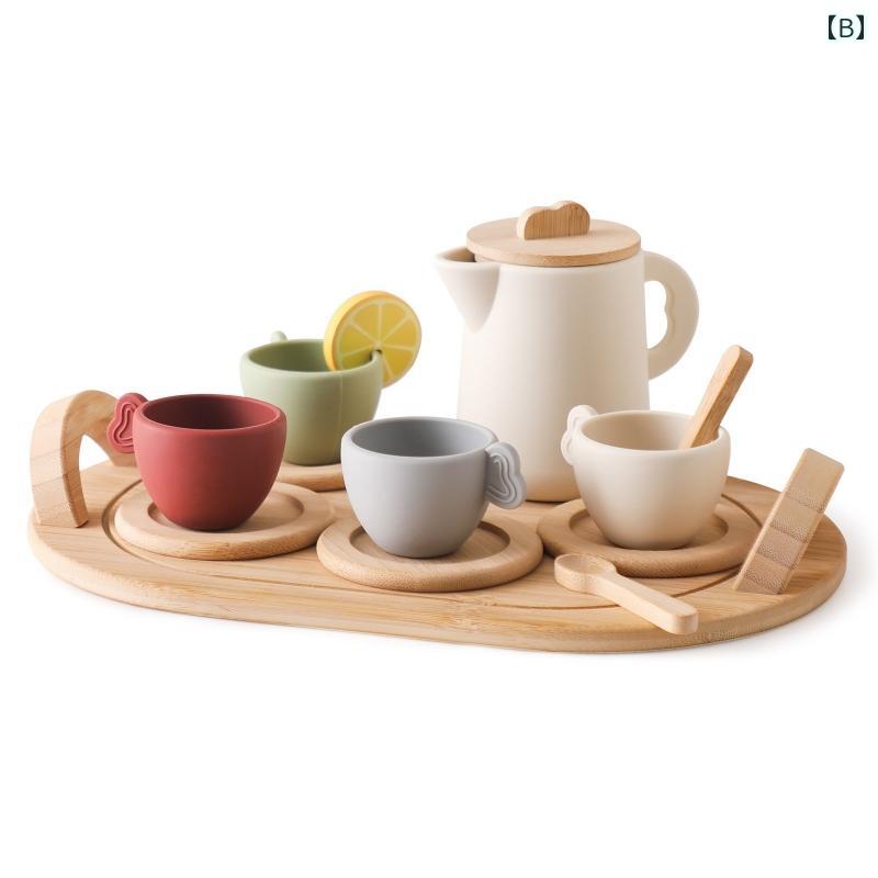 ままごとセット キッチン 北欧 子供用 おもちゃ 玩具 遊び クッキング ティータイム 調理器具 食器 シリコン 木製 幼稚園 ピンク グリーン 3