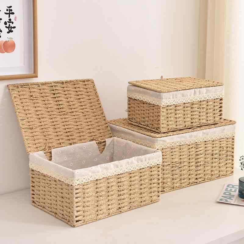 ラタン かご 編み物 収納 バスケット 雑貨 卓上 ボックス 蓋付き 小物入れ マスク レース 茶 裏地 取り..