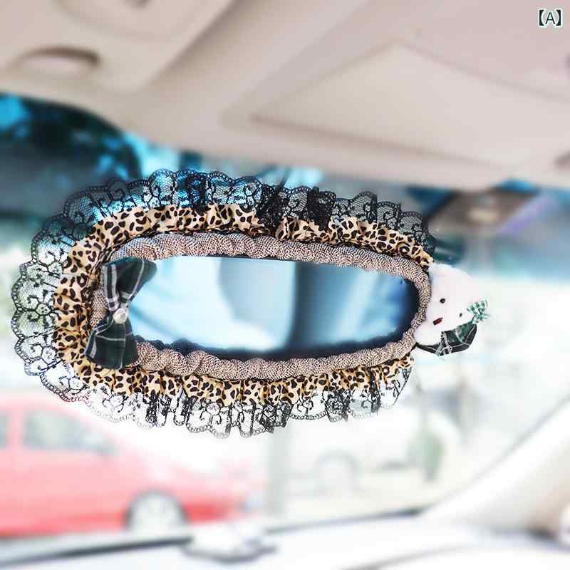 車 ルームミラー かわいい カバー 装飾 内装 カー用品 アクセサリー インテリア 雑貨 バックミラー レース リボン くま 黒 ピンク ベージュ