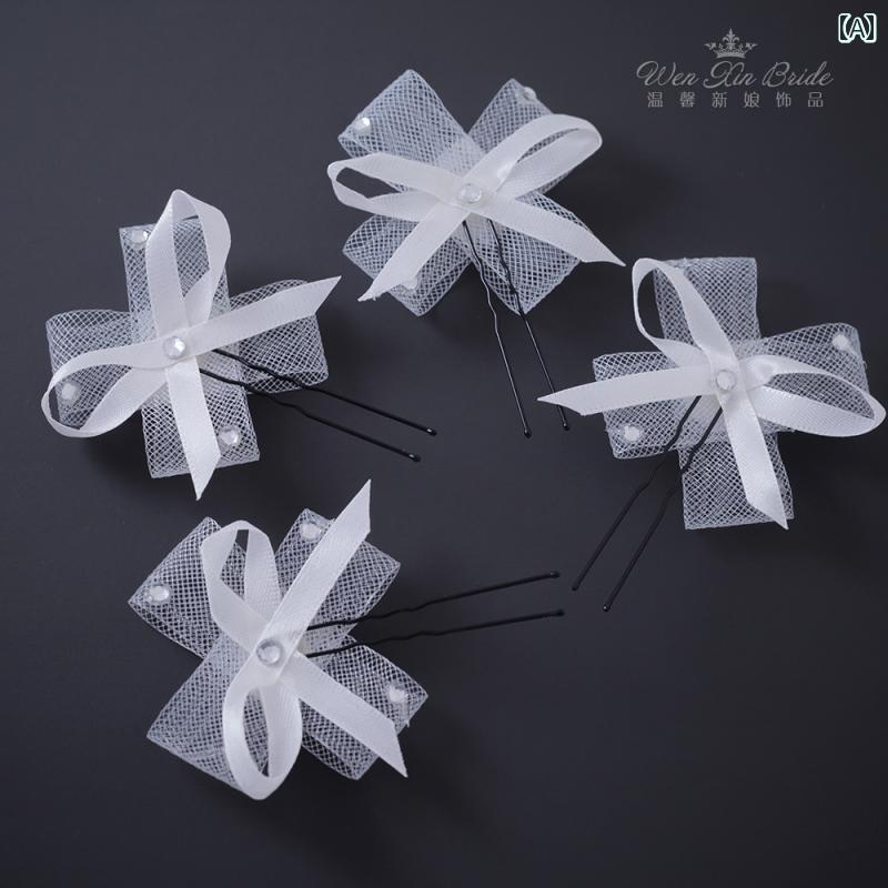 髪飾り 結婚式 韓国 ブライダル ウェディング 大人 レディース 花嫁 新婦 メッシュ Uピン ヘアアクセサリー リボン ビーズ セット 小さめ 赤 白