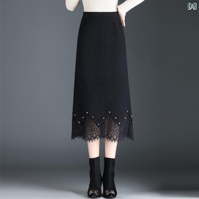 スカート きれいめ レディース 大人 秋冬 黒 ハイウエスト ミモレ丈 裾レース ウール ニット 厚手 暖かい オフィスカジュアル ビジネス OL Iライン タイト ペンシル 細見え 美脚 着やせ フェミニン スタイリッシュ シンプル
