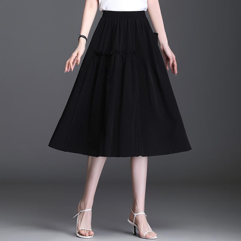 スカート きれいめ レディース 大人 夏 黒 ハイウエスト ミモレ丈 ゴム フリル フレア ポケット ギャザー 薄手 通気性 柔らかい 台形 Aライン オフィスカジュアル ビジネス OL 細見え 美脚 着やせ スタイリッシュ シンプル
