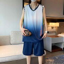 バスケ タンクトップ メンズ 春夏 ユニフォーム ノースリーブ Vネック ハーフパンツ 上下セット 速乾 涼しい ゆったり 薄手 練習着 スポーツ ランニング ジャージ カジュアル グラデーション 紺 青 紫 大きいサイズ