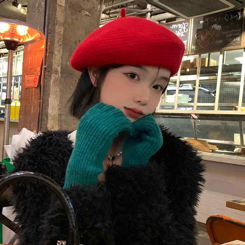 回聲延遲 - ベレー帽 レディース 秋冬 帽子 キャップ 小物 おしゃれ シンプル 無地 快適 柔らかい 暖かい ウール 赤 青 黒 お出かけ ショッピング 旅行 韓国 クリスマス