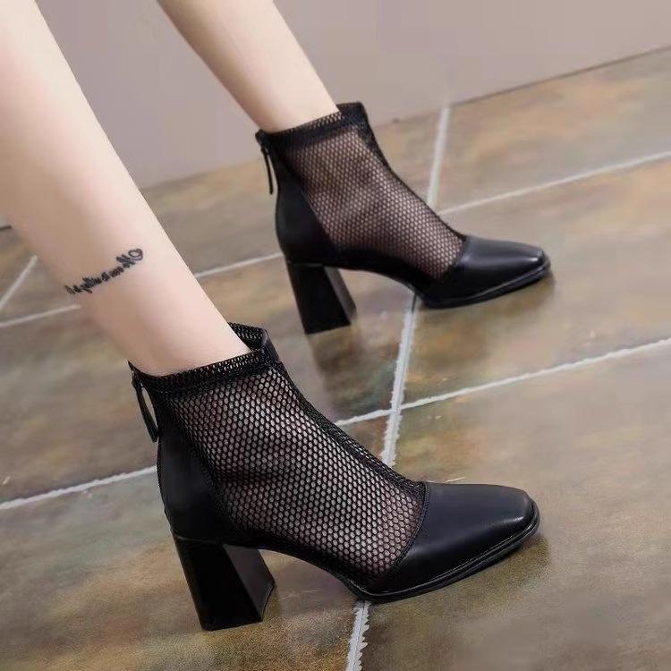 ショートブーツ レディース 春夏 薄手 通気性 スクエアトゥ バックジップアップ メッシュ 太ヒール シンプル カジュアル おしゃれ ショッピング 旅行 黒 アイボリー