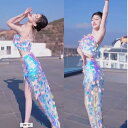 ベリーダンス レッスン着 レディース ブラ スカート スリット アシンメトリー ノースリーブ ショーツ セット パフォーマンス 衣装 練習ウェア マーメイド スパンコール 豪華 おしゃれ ピンク 緑 黒