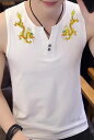 タンクトップ メンズ 柄 おしゃれ 夏 肩幅広め タイトフィット ノースリーブ トップス Vネック ボタン付き 綿 薄手 肌に優しい 吸湿 大きいサイズ 龍 鳳凰 ライオン 黒 白(4)