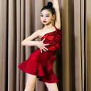ラテン ダンス 衣装 キッズ ワンショルダー レオタード スカート 花 装飾 フリル ティアード 女の子 発表会 ステージ パフォーマンス 赤 グレー 緑 通気性 吸汗性 柔らかい 練習着