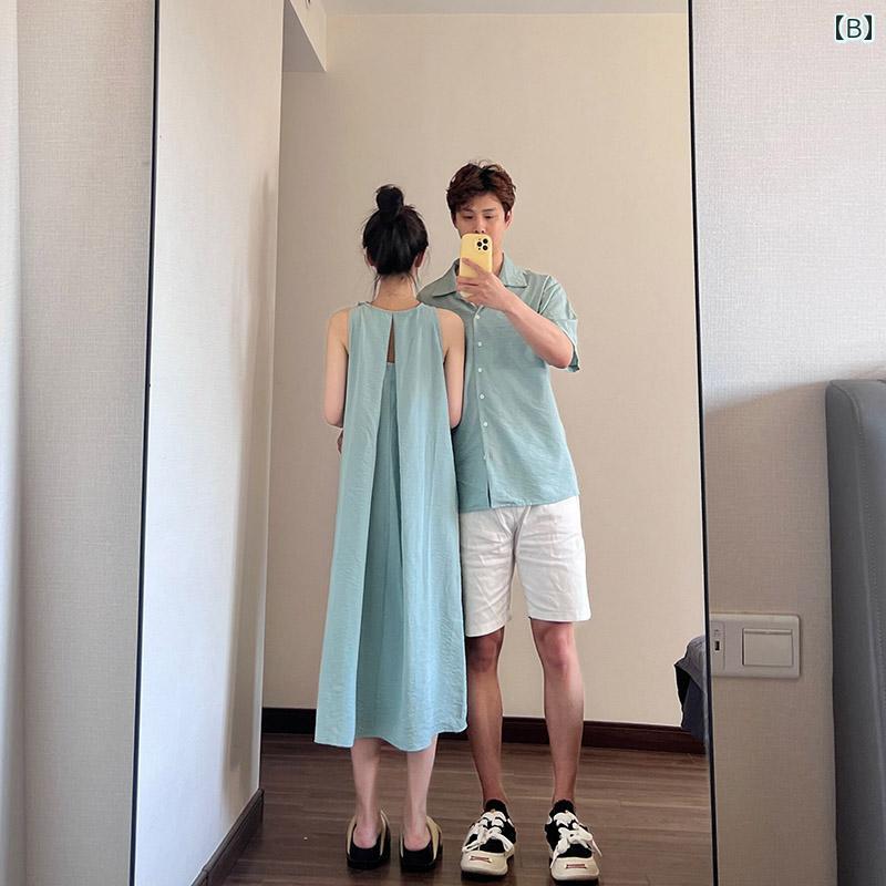 カップル ペアルック 夏服 衣装 レディース メンズ ワンピース ノースリーブ シャツ 襟付き パンツ 半袖 休日 お出かけ シンプル 無地 爽やか お揃い 大きいサイズ