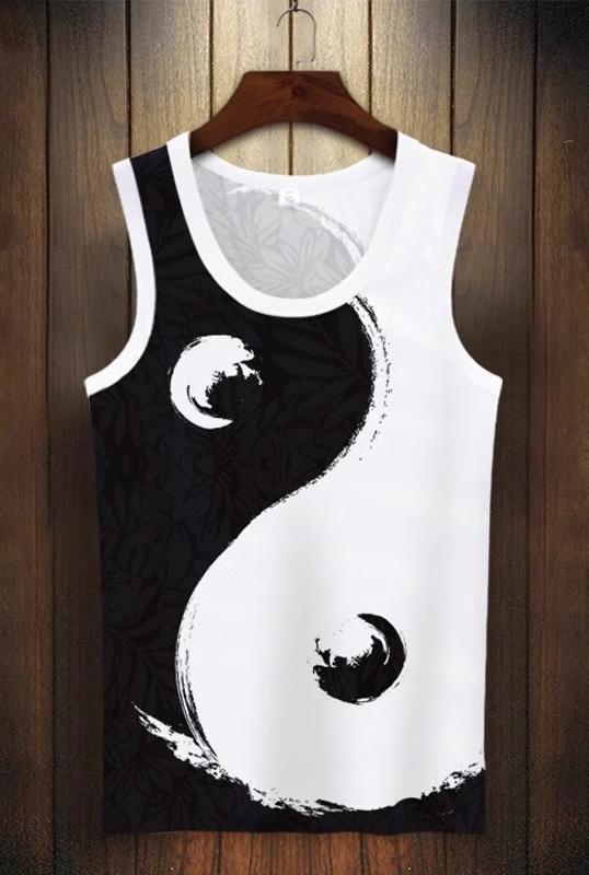 タンクトップ メンズ 柄 速乾 夏 チャイナ風 八卦 プリントノースリーブ トップス 薄手 通気性 ゆったり 伸縮 大きいサイズ インナー 普段使い おしゃれ 黒 白