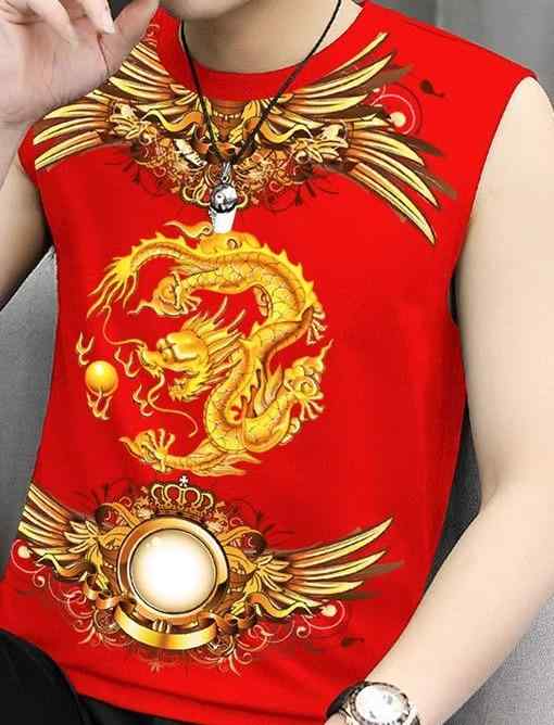 タンクトップ メンズ 柄 夏 薄手 ノースリーブ トップス 中国風 黄金 ドラゴン スピリチュアル カジュ..