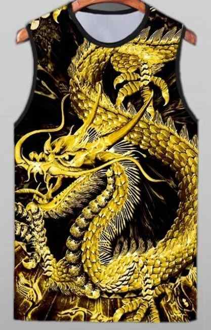 タンクトップ 夏 メンズ 柄 中国風 ドラゴン プリント ノースリーブ トップス 大きいサイズ ゆったり 薄手 カジュアル スポーツ 普段使い ポリエステル ラウンドネック 黒 ゴールド 白